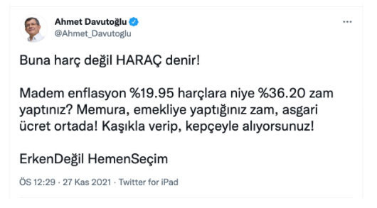 Ahmet Davutoğlu'ndan zam tepkisi: Madem enflasyon yüzde 19,95 niye yüzde 36,20 zam yaptınız? - Resim: 0