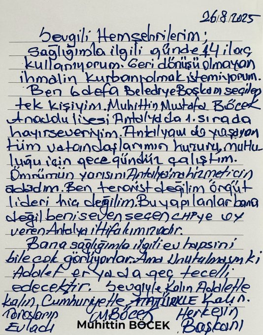 Günde 14 ilaç alıyorum diyen Muhittin Böcek cezaevinden bu mektubu yolladı - Resim: 0