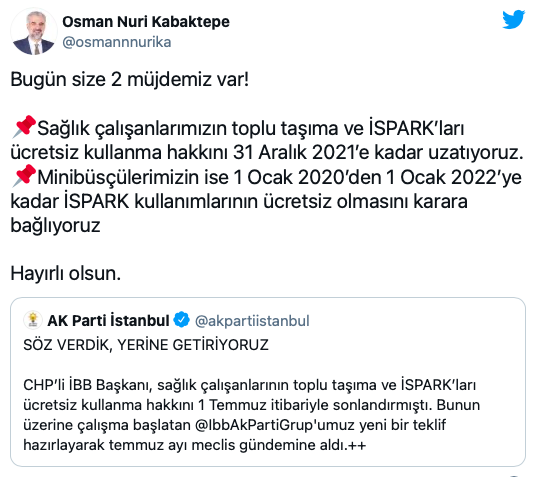 Osman Nuri Kabaktepe müjde diyerek duyurdu: İstanbul'da artık ücretsiz - Resim: 0