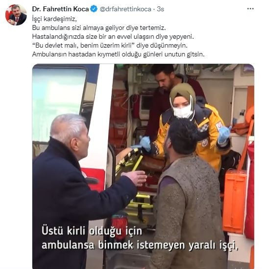 Bakan Fahrettin Koca kıyafetleri kirli olduğu için ambulansa binmek istemeyen işçiyi paylaştı - Resim: 0