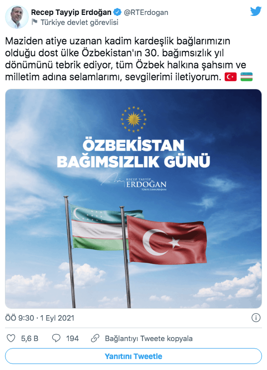 Cumhurbaşkanı Erdoğan'dan Özbekistan'a tebrik mesajı - Resim: 0