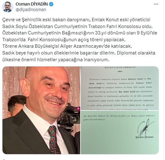 Sadık Soylu, Özbekistan Cumhuriyeti Trabzon Fahri Konsolosu oldu - Resim: 0
