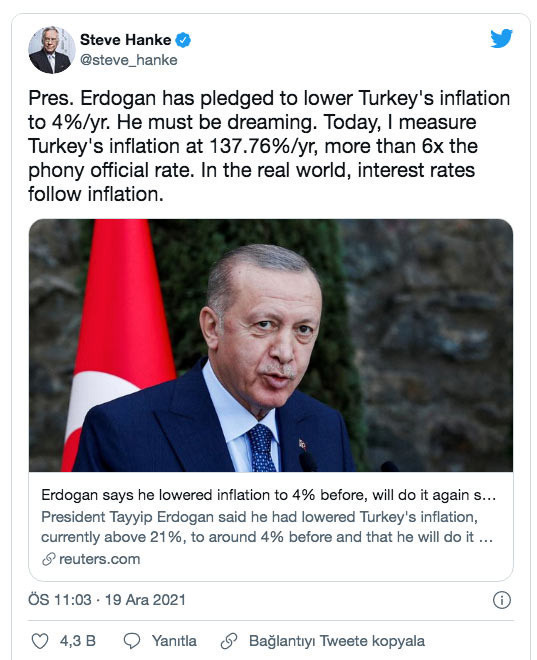 Ünlü ekonomist Steve Hanke'den Erdoğan'ın enflasyon açıklamasına tepki: Rüya görüyor olmalı - Resim: 0