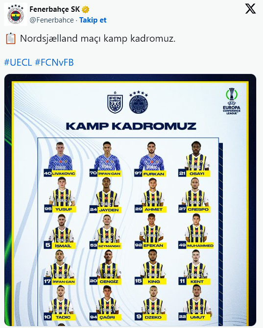 Fenerbahçe'nin Nordsjaellend maçı kamp kadrosu açıklandı: 7 eksik - Resim: 0