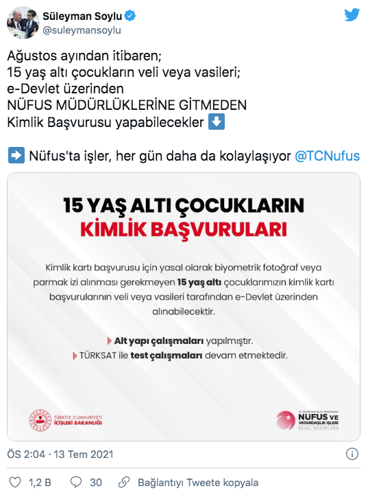 Bakan Soylu: 15 yaş altı çocukların kimlik kartı başvuruları e-Devlet'e entegre edildi - Resim: 0