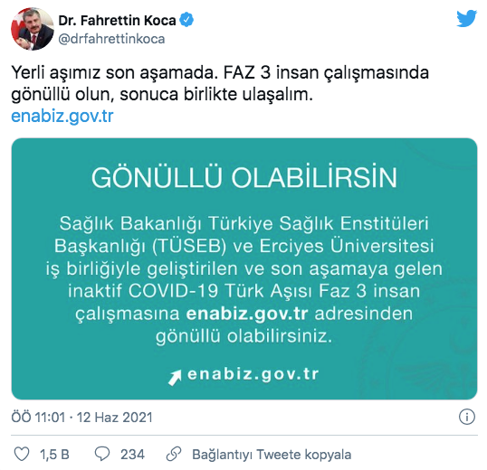 Bakan Koca'dan yerli aşının 'FAZ 3' çalışmasına gönüllü çağrısı E-Nabız üzerinden başladı - Resim: 0