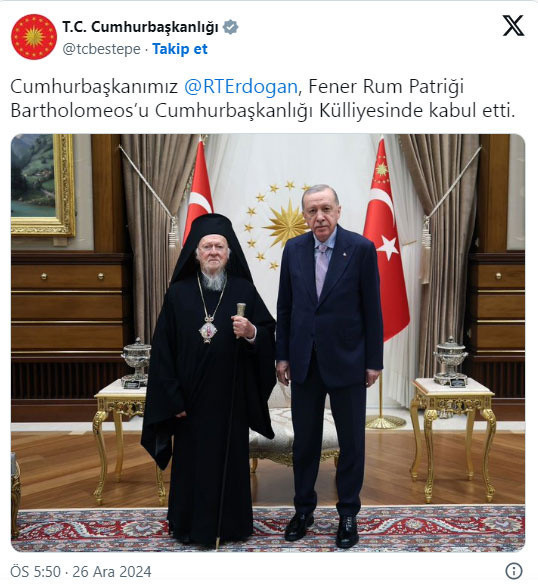 Cumhurbaşkanı Erdoğan, Fener Rum Patriği Bartholomeos'u kabul etti - Resim: 0
