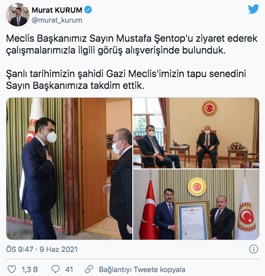 Bakan Kurum, TBMM Başkanı Şentop’a Gazi Meclis’in tapusunu takdim etti - Resim: 0