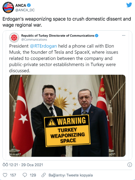 Ermeni diasporasından Erdoğan-Elon Musk görüşmesine iftira: Uzayı silahlandırıyorlar - Resim: 0