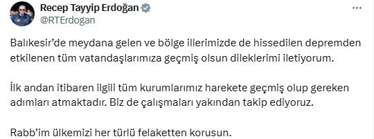 Cumhurbaşkanı Erdoğan’dan Balıkesir depremi mesajı - Resim: 0