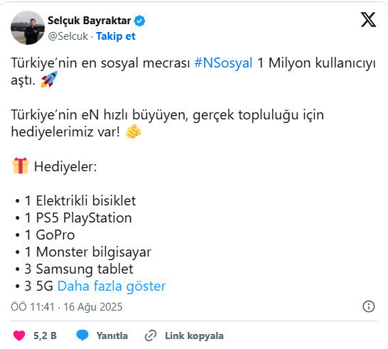 Next Sosyal 1 milyon kullanıcıyı aştı: Selçuk Bayraktar büyük ödülleri duyurdu - Resim: 0