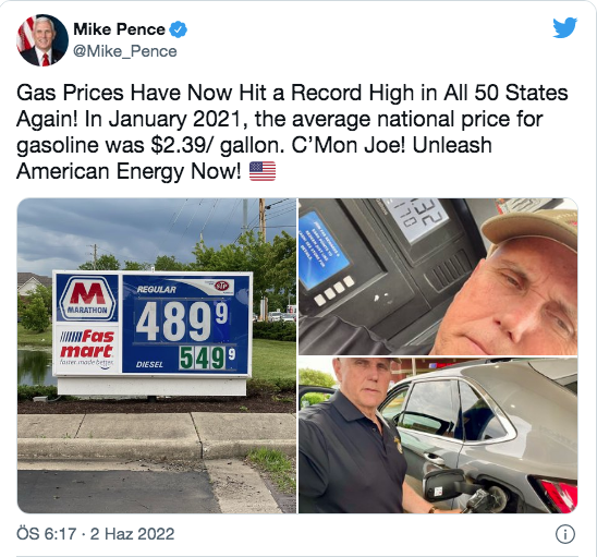 ABD'de benzinin litre fiyatı ikiye katlandı Eski ABD Başkan Yardımcısı Pence isyan etti - Resim: 0