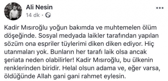 Aziz Nesin'in oğlu Ali Nesin'in Kadir Mısıroğlu twiti gündeme oturdu - Resim: 1
