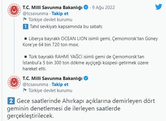 MSB tahıl sevkiyatı kapsamında 2 geminin daha yola çıktığını duyurdu - Resim: 0