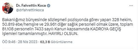 Bakan Fahrettin Koca'dan 81 bin 108 sözleşmeli personele müjde! Kadroya geçiş işlemleri tamamlandı - Resim: 0