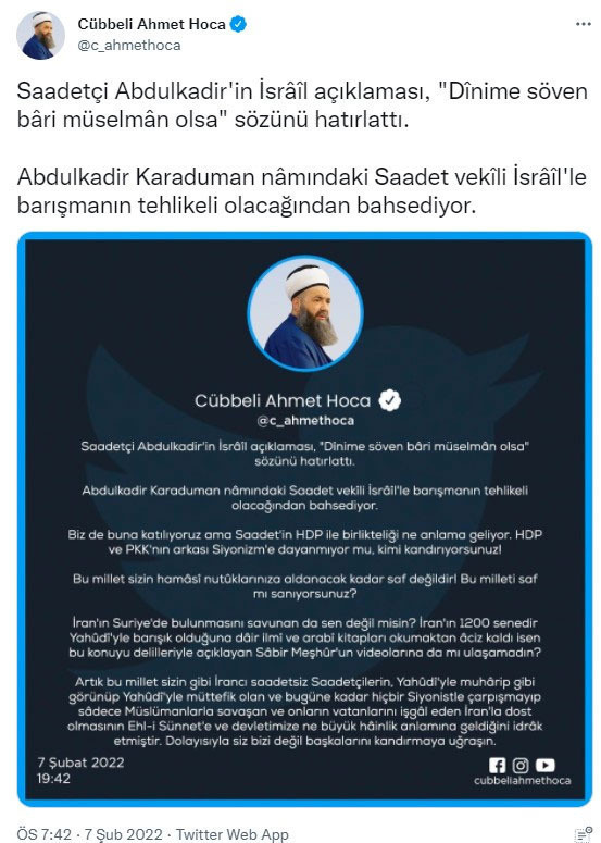 Saadet Partili Karaduman'ın İsrail paylaşımına Cübbeli Ahmet'ten yanıt: Kimi kandırıyorsunuz - Resim: 0