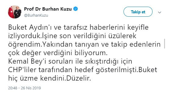 Burhan Kuzu'dan kovulan Buket Aydın'a destek - Resim: 0