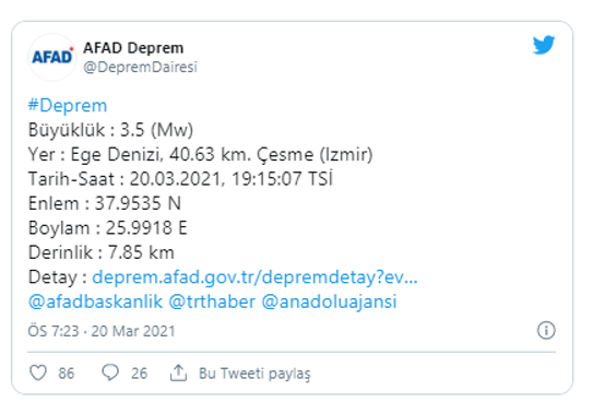 İzmir Çeşme açıklarında 3.5 büyüklüğünde deprem meydana geldi - Resim: 0