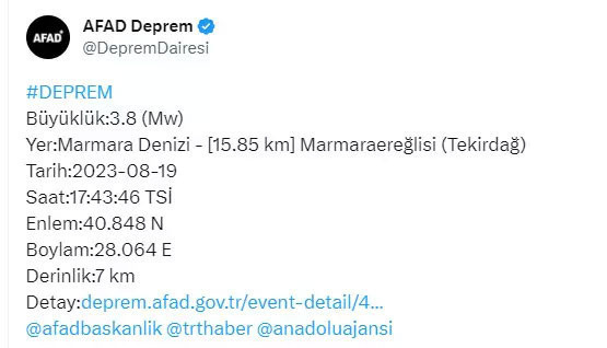 AFAD'dan açıklama! Marmara Denizi'nde deprem meydana geldi - Resim: 0