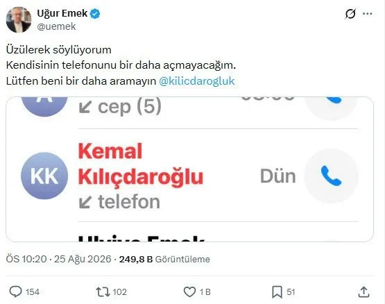 Uğur Emek'ten Kılı&ccedil;daroğlu'na tepki: Beni bir daha aramayın - Resim: 0