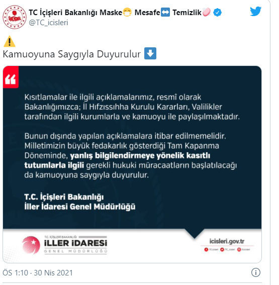 İçişleri Bakanlığı: Yanlış bilgilendirmeye yönelik kasıtlı tutumlarla ilgili gerekli hukuki müracaatlar başlatılacak - Resim: 0