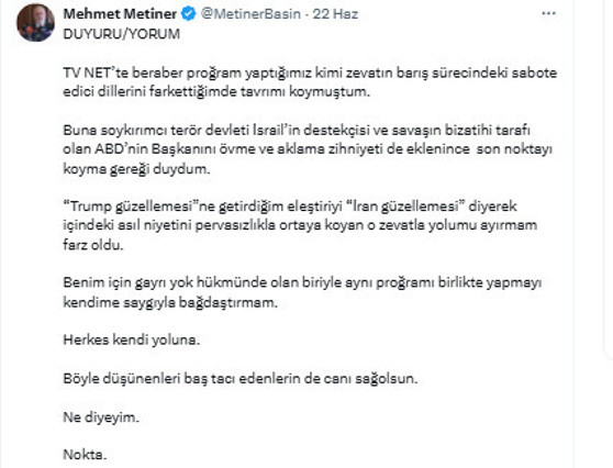 Mehmet Metiner ayrılık kararını böyle duyurdu: Herkes kendi yoluna... - Resim: 0