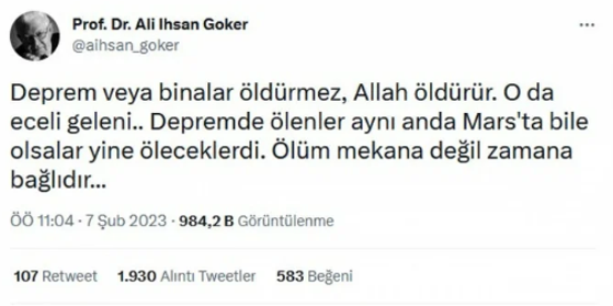 'Deprem değil, Allah öldürür' dedi, Prof. Dr. Ali İhsan Göker hakkında soruşturma açıldı - Resim: 0