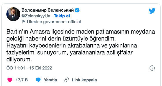 Bartın'daki maden faciasına dünyadan taziye mesajları yağdı Zelenski Türkçe mesaj paylaştı - Resim: 0