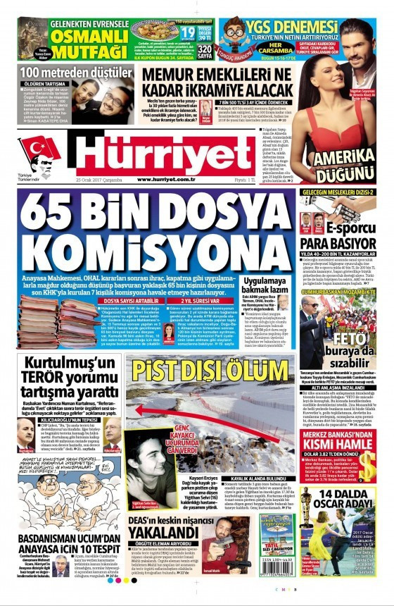 Gazete manşetleri Hürriyet - Sözcü - Cumhuriyet 25 Ocak 2017 - Resim: 1