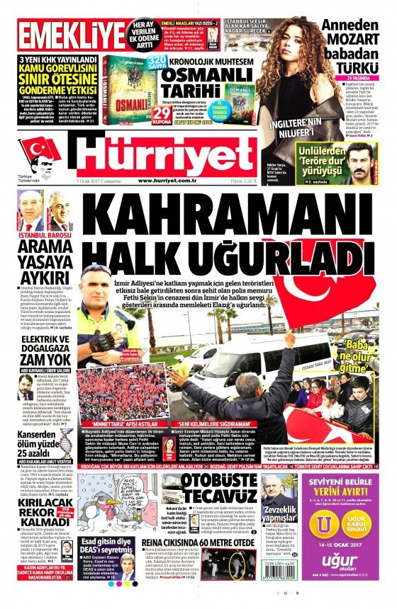 Gazete manşetleri 7 Ocak 2017 Sözcü - Hürriyet - Cumhuriyet  - Resim: 1