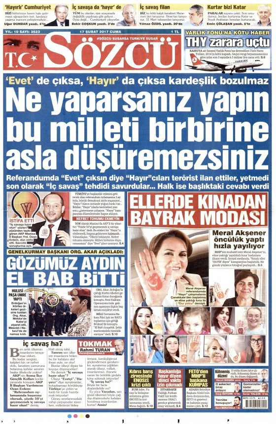 Gazete manşetleri 18 Şubat 2017 Sözcü - Hürriyet - Aydınlık - Resim: 4