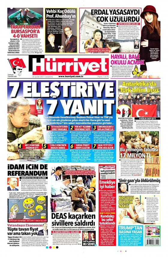 Gazete manşetleri 25 Şubat 2017 Sözcü - Hürriyet - Sabah - Resim: 1