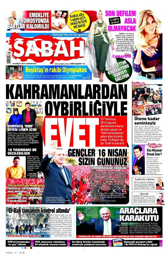 Gazete manşetleri 25 Şubat 2017 Sözcü - Hürriyet - Sabah - Resim: 2