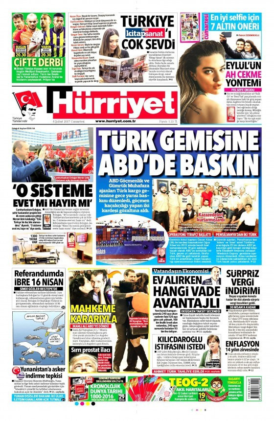 Gazete manşetleri Sözcü - Hürriyet - Habertürk 4 Şubat 2017 - Resim: 1