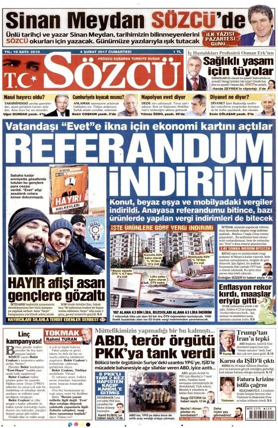 Gazete manşetleri Sözcü - Hürriyet - Habertürk 4 Şubat 2017 - Resim: 4