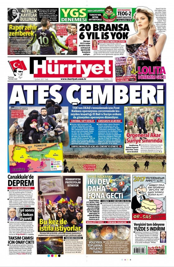 Gazete manşetleri Hürriyet - Sözcü - Cumhuriyet 7 Şubat 2017 - Resim: 1