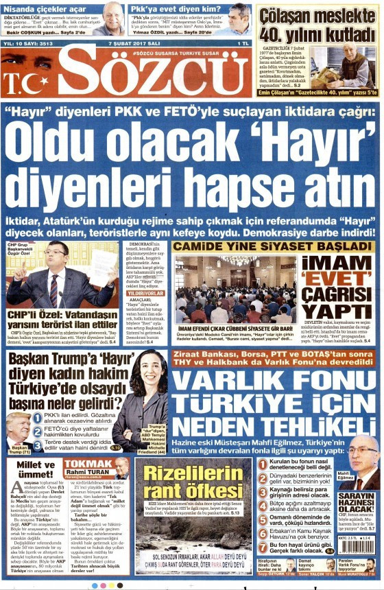 Gazete manşetleri Hürriyet - Sözcü - Cumhuriyet 7 Şubat 2017 - Resim: 4