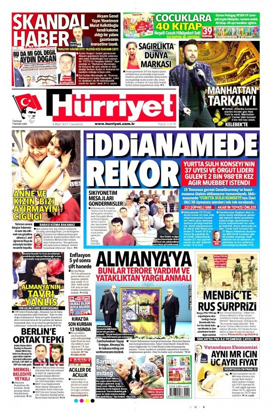 Gazete manşetleri Hürriyet - Sabah - Habertürk 4 Mart 2017 - Resim: 1