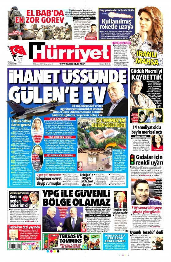 Gazete manşetleri Milliyet - Hürriyet - Sözcü 1 Nisan 2017 - Resim: 1
