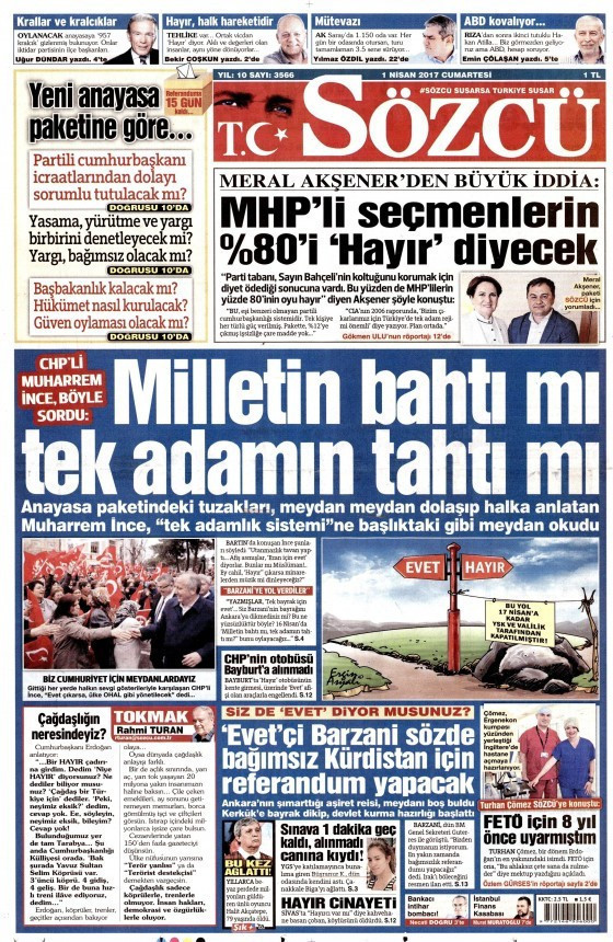 Gazete manşetleri Milliyet - Hürriyet - Sözcü 1 Nisan 2017 - Resim: 4