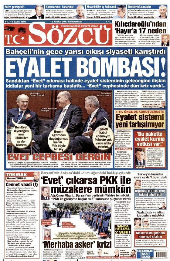 Gazete manşetleri Sözcü - Hürriyet - Milliyet 15 Nisan 2017 - Resim: 4