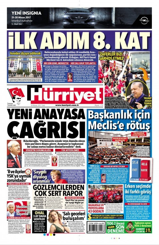 Gazete manşetleri Hürriyet - Sözcü - Sabah 18 Nisan 2017 - Resim: 1