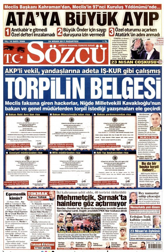 Gazete manşetleri Habertürk - Milliyet - Sözcü 24 Nisan 2017 - Resim: 4