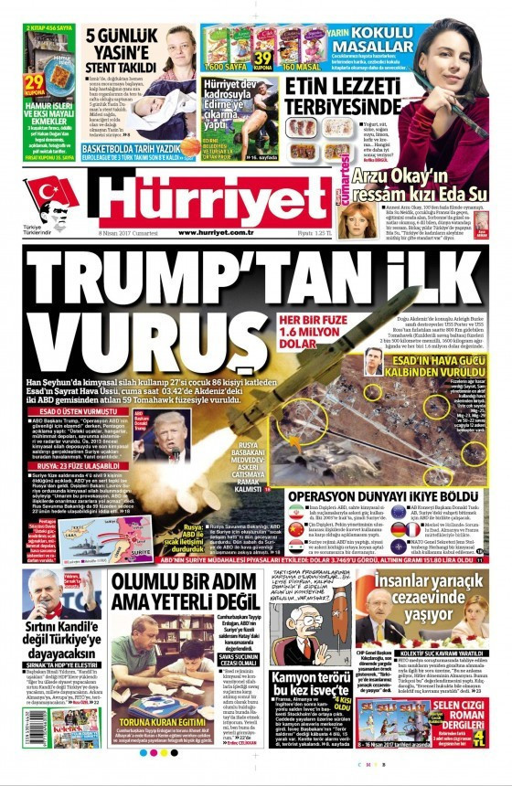 Gazete manşetleri Hürriyet - Sözcü - Sabah 8 Nisan 2017 - Resim: 1