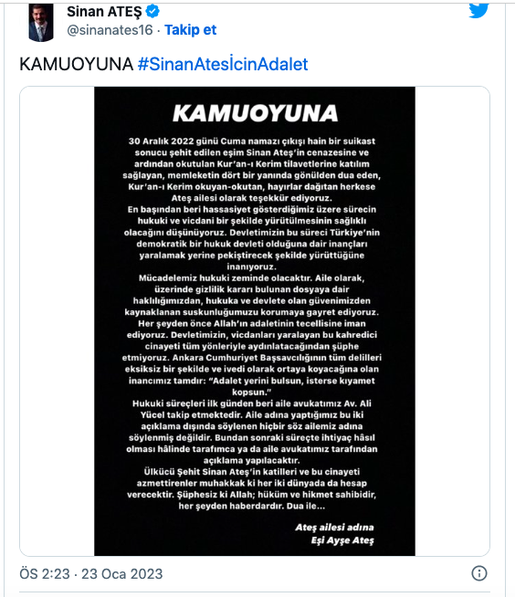 Sinan Ateş'in eşi Ayşe Ateş'ten yeni paylaşım  Adalet yerini bulsun, isterse kıyamet kopsun - Resim: 0