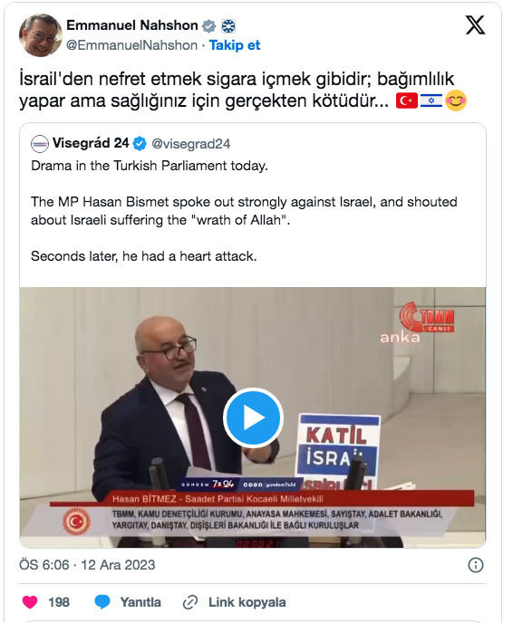 İsrailli yetkili Hasan Bitmez için nefret mesajı paylaştı hükümetin resmi hesabı beğendi - Resim: 0