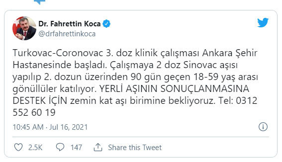 Sağlık Bakanı Fahrettin Koca duyurdu! Turkovac-Coronovac 3. doz klinik çalışması başladı - Resim: 0