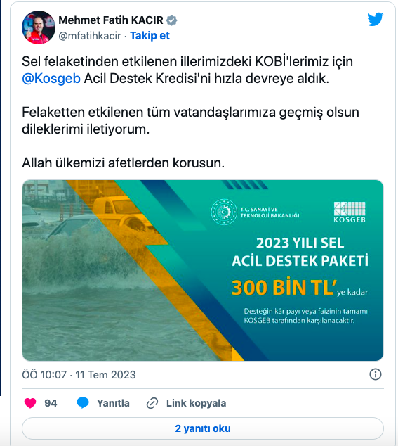 Bakan Fatih Kacır duyurdu Selden etkilenen illerdeki KOBİ'lere "Acil Destek Kredisi" - Resim: 0