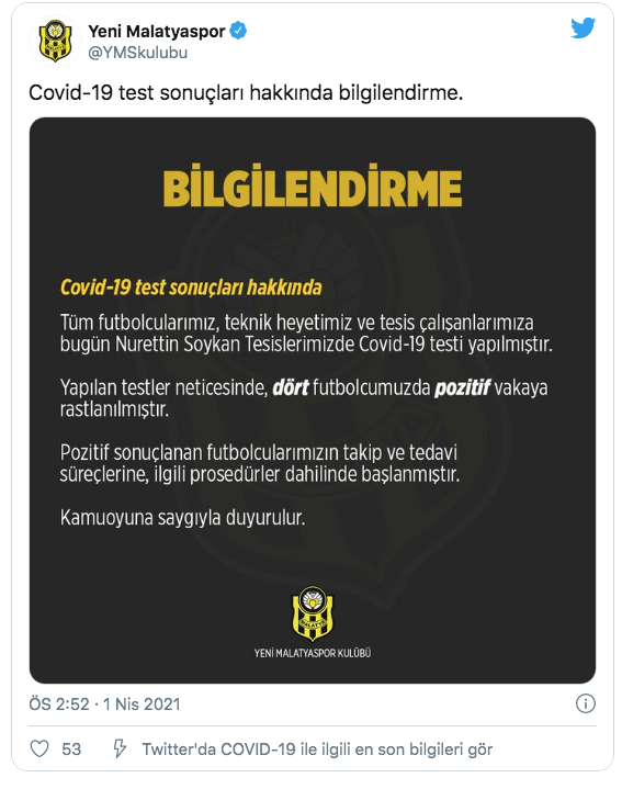 Yeni Malatyaspor'da 4 koronavirüs vakası - Resim: 0