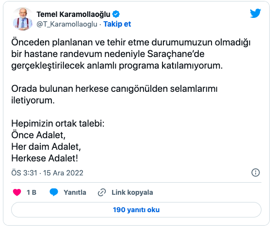 Temel Karamollaoğlu neden Saraçhane'de yok twitter'dan duyurdu - Resim: 0